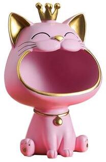 Uplifted Goods Fortune Crown Decorative Cat Entrance Key Storage Tray For Home Decor pink