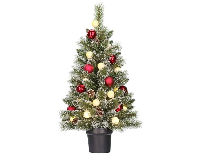 Black Box Trees Kaprun Arbre de Noël artificiel en pot avec éclairage LED - H90 x Ø51 cm - Vert avec aspect givré\, rouge