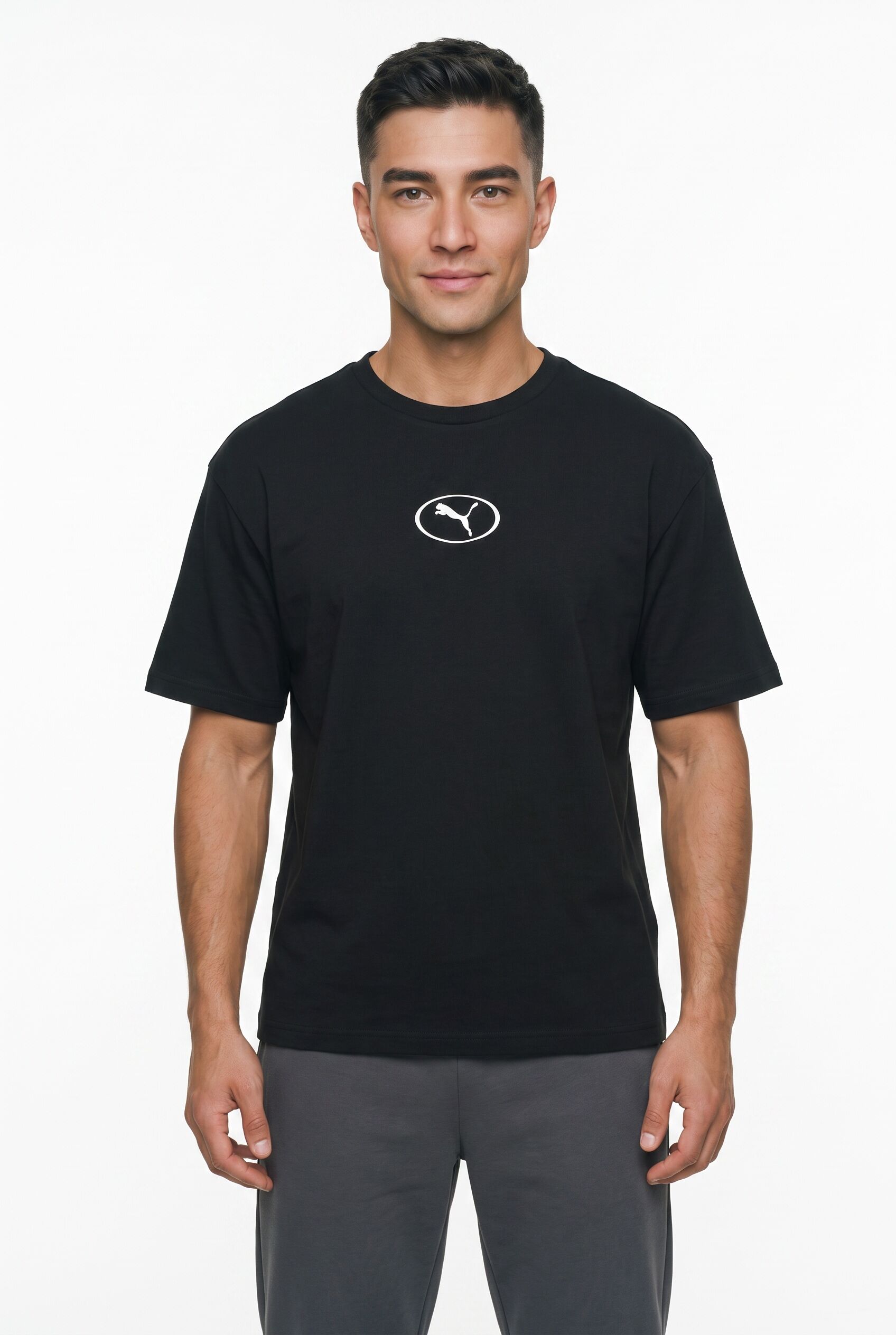 T-Shirt PUMA "SPORT RELAXED GRAPHIC TEE", Herren, Gr. M, schwarz (puma schwarz), Jersey, Obermaterial: 100% Baumwolle, bedruckt, relaxed fit normal, Rundhals, Shirts T-Shirt, Kurzarm, Rundhalsausschnitt, mit Print-Applikation puma schwarz M
