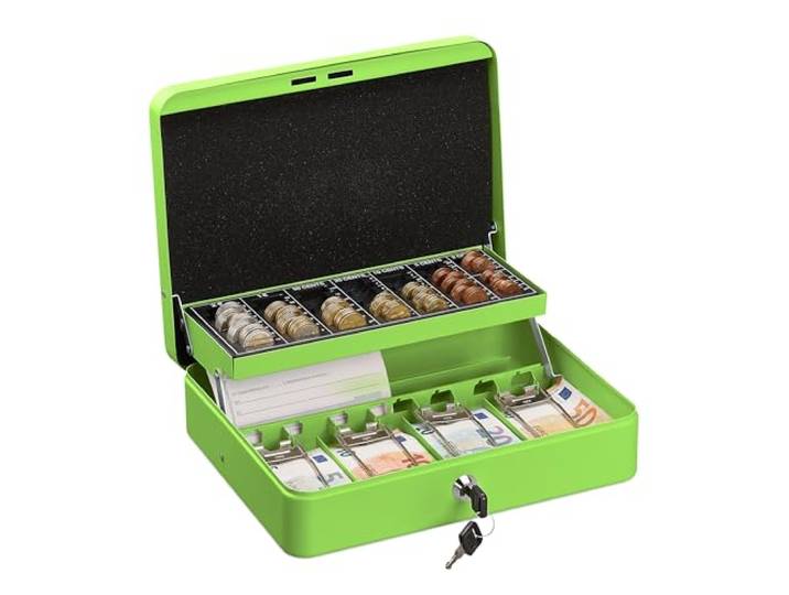 Relaxdays Caisse à monnaie\, verrouillable\, monnayeur & 4 compartiments à billets\, fer\, HLP 8\,5 x 30\,5 x 24\,5 cm\, vert