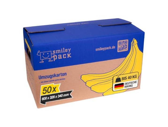 smiley pack 50 Umzugskartons stabil 600x328x340 mm, bis 40 kg Bananenkiste Zweiwellige Pappe für schwere Bücher, Akten & Geschirr – 3fach verstärkte Tragegriffe – Schmetterlingsboden ohne Klebeband