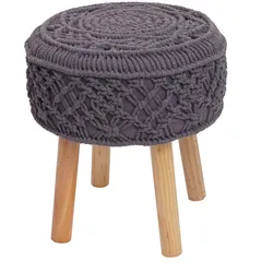 Sitzhocker MCW-J43, Strickhocker Hocker Fußhocker, 45x41cm rund Makramee/Strick Stoff/Textil ~ dunkelgrau