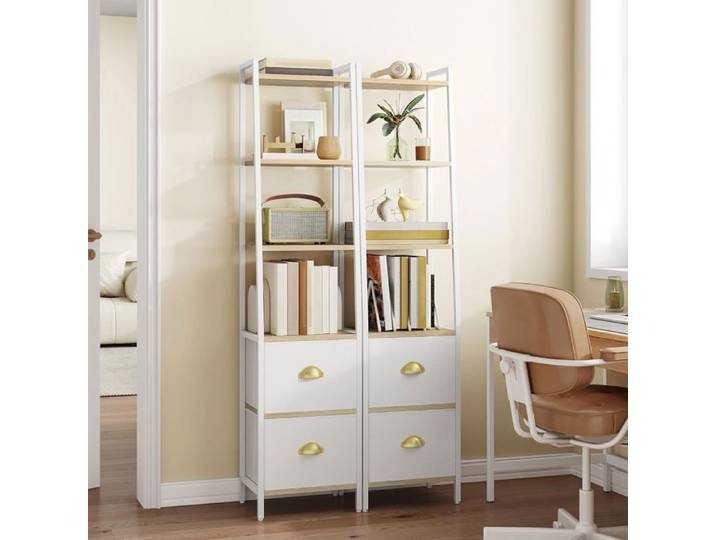 Bibliothèque Étagère à 6 Niveaux avec 2 Tiroirs en Tissu Pliables Bibliothèque Trapézoïdale Verticale Chêne et Blanc