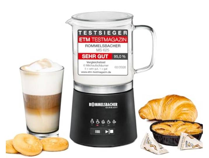 ROMMELSBACHER Milchaufschäumer MS 625, elektrisch, 500 ml zum Verrühren, Glaskanne, 250 ml zum Schäumen, 5 Programme, heiß & kalt schäumen oder verrühren