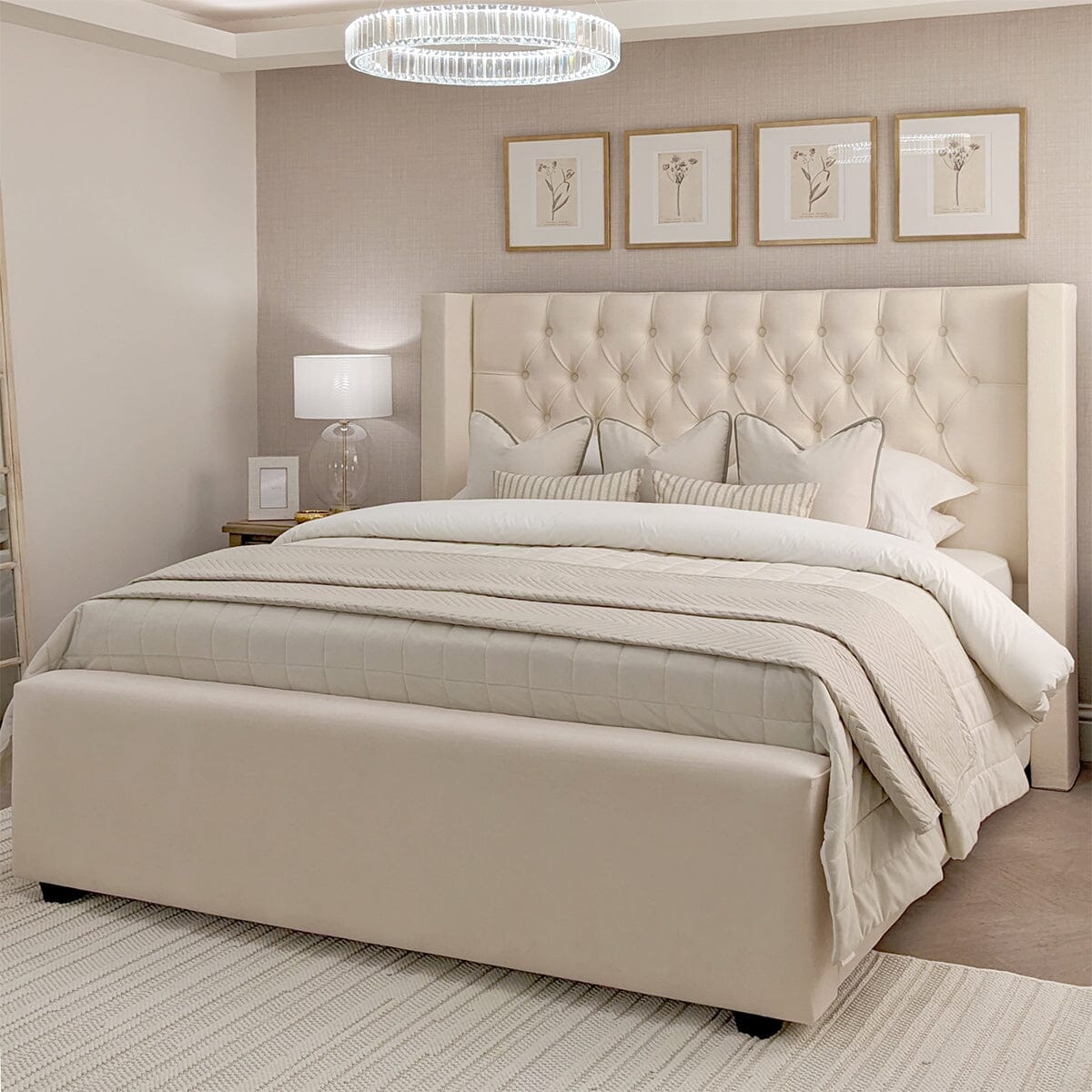 Harper Classic Luxury Beige Textured Buttoned Winged Chunky Bed, King