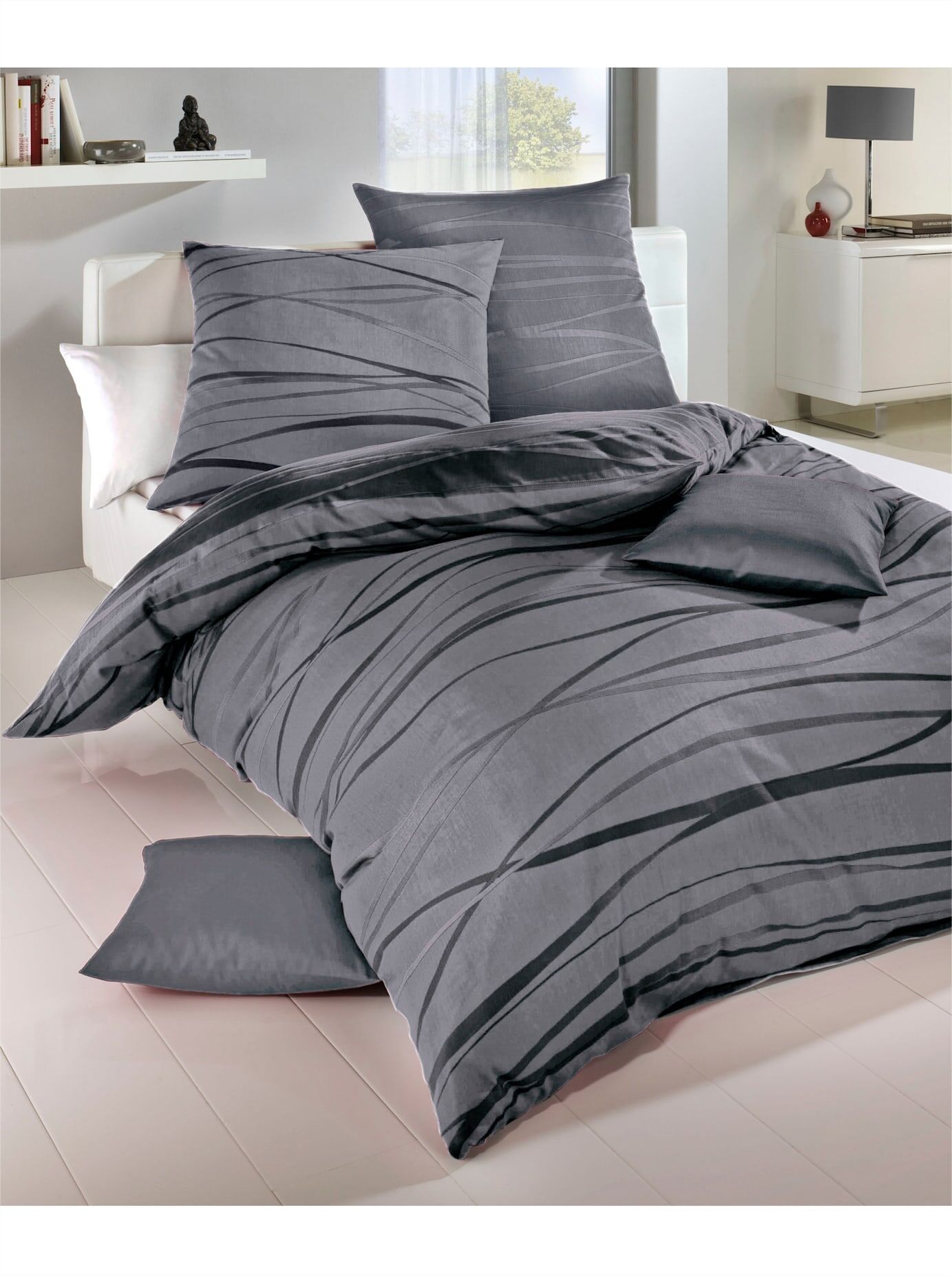 Bettwäsche KAEPPEL Gr. 2, grau (grau, anthrazit), B/L: 155cm x 200cm, Feinbiber, B/L: 80cm x 80cm, 2 Stk., Feinbiber, 100% Baumwolle, Bettwäsche, Bettwäsche