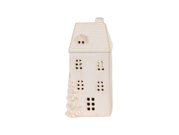 Weihnachtsdeko Häuschen mit Tannenbaum und Beleuchtung, beige und weiß