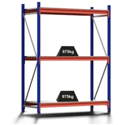 PROREGAL Weitspannregal MOOSE Stecksystem Omega-Profil, Grundregal, HxBxT 200x150x60cm, 3 Ebenen, Spanplatten-Fachboden, Fachlast 975kg, Blau/Orange