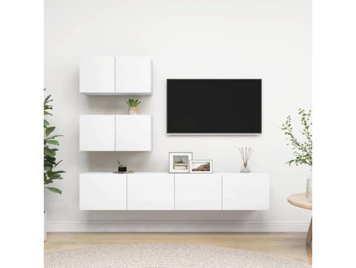 Molumvel 4-TLG. TV-Schrank-Set Wandmontage Wohnzimmer Sideboard Weiß Holz Platzsparendes Design, Robuste Materialbeschaffenheit, Einfache Wandbefestigung