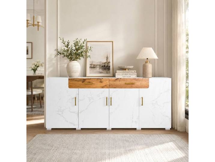 Buffet Salon Blanc Moderne - LEMLIT - Grand Buffet avec 4 portes 2 Tiroirs - Meuble de Rangement - 208 x 39 5 x 80 cm