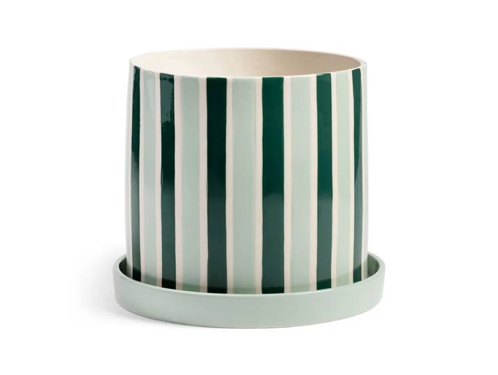 &klevering - Clash Blumentopf mit Untersetzer, stripe, Ø 23,5 x 21 cm, grün / weiss