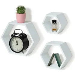 IvoQ Hexagon Wandregale – 3er Set – Holz – Weißes Kiefernholz – Schwebende Wandregale – Inklusive Befestigung