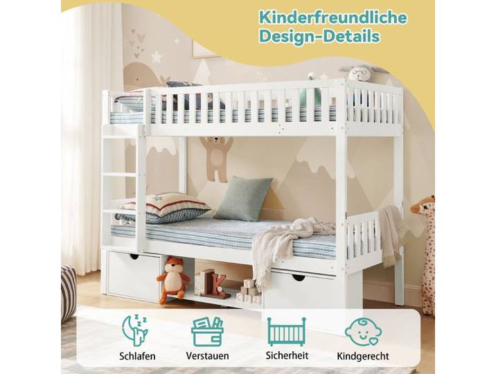 Lit superposé enfants - Transformable en 2 lits simples - Barrières de sécurité - Tiroirs de rangement - Échelle incluse