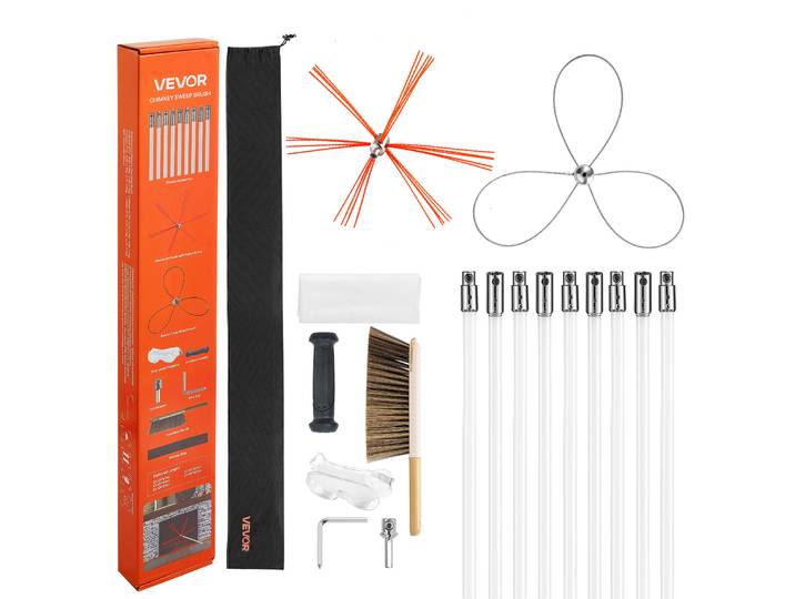 Vevor Kit De Ramonage 9 M Brosse De Cheminee Extensible\, Avec Double Tete De Brosse\, Tiges En Nylon\, Lunettes De Protection\, Outils De Nettoyage Foyer Pour Cheminees Carrees\, Rectangulaires\, Arquees