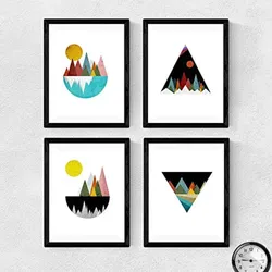 POSTER Set mit 4 bunten Berg im Rot und Blautönen A4 Schwarzer Rahmen