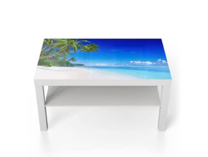 DEQORI Glastisch weiß groß 90x50 cm Motiv Palmen am Sandstrand ausgefallener Beistelltisch aus Glas Hochglanz Couchtisch fürs Wohnzimmer moderner Couch Tisch mit Design