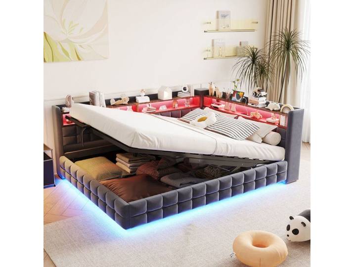 Cadre de lit Avec l'espace hydraulique de rangement Étagère en bois Canapé-lit multifonctionnel lit rembourré 140 × 200 cm Gris