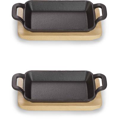 Servierpfanne ECHTWERK "2x Rechteckige Servierschale", schwarz (schwarz,braun), B:10cm H:2,5cm L:17cm, Pfannen, inkl. dekorativem Servierbrett, bereits eingebrannt