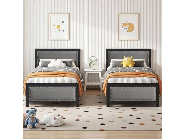 VECELO 2er-Set Polsterbett 90x200 cm mit Lattenrost, Einzelbett mit Leinen-Kopfteil und Nietenakzente, stabiles Metall-Bettgestell, geräuscharm, einfache Montage, Dunkelgrau