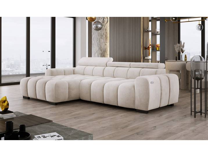 Designer Ecksofa Amalfi in Samt mit elektrischer Sitzerweiterung - Hellgrau - Samt - Rechts - Luxusbetten24