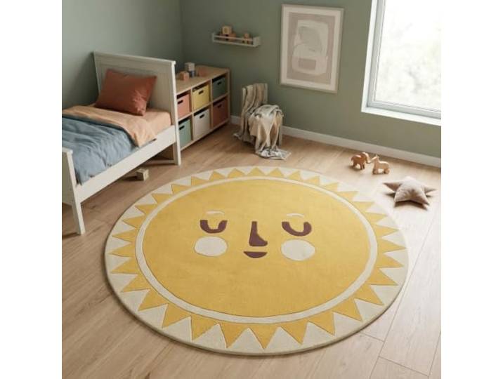 Morgenland Kinderteppich Handgetuftet Wolle Gelb 150x150cm Rund 100% Schurwolle, Kollektion Kids, Kinderzimmer, Handarbeit
