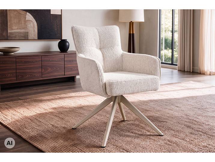 Drehbarer Stuhl LUGANO beige Bouclé Tweed Soft Federkern mit Armlehne bis 150 kg belastbar Modern & Design