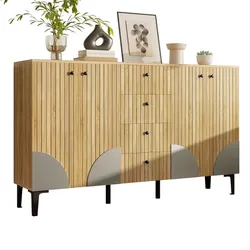 MODFU Sideboard 160x36x94 cm Holzfarben mit 4 Türen und 4 Schubladen, vertikale Holzmaserung, schwarze PVC Beine, Stauraum für Wohnen
