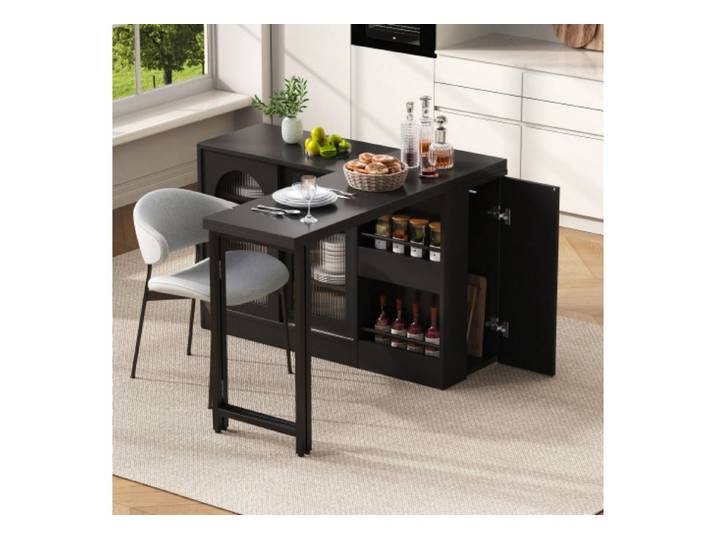 ANYSUN Bartisch Ausziehbar, 360° drehbar, mit Stauraum & Glastür, reversibel, flexibel, Platzsparendes Design für Wohnzimmer, flexibel anpassbar