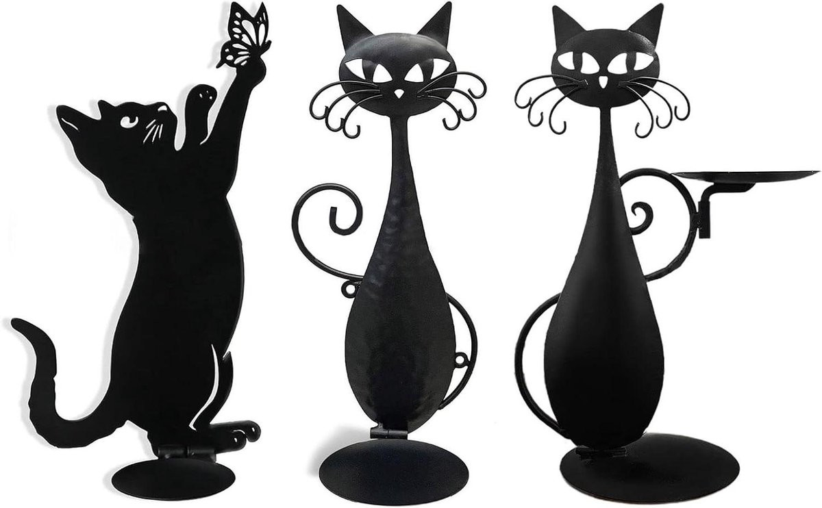 Handgemaakte smeedijzeren kandelaar in de vorm van een zwarte kat voor sfeervolle wanddecoratie