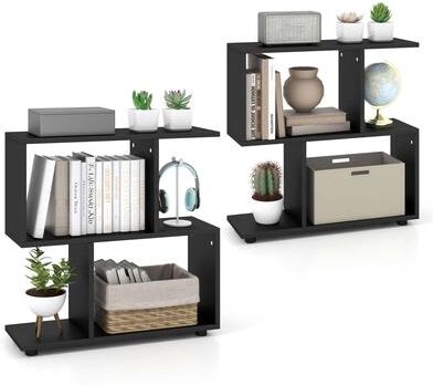 2PCS 2-Tier Wooden Bookshelf Free Standing S-Shaped Shelf Storage