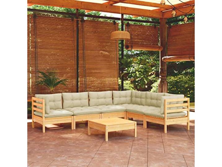 WDGJJFECNMUEHI Pin massif robuste modulable 7 pièces crème Salon de jardin 7 pieces bois pin massif avec coussins creme, ensemble modulable exterieur avec table repose-pieds, canapes
