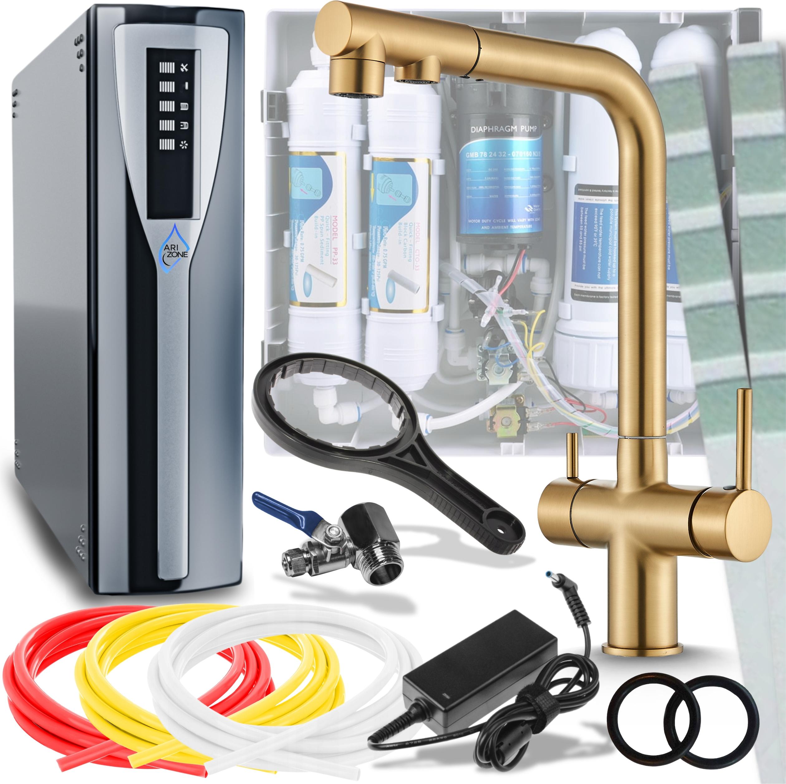 Ari Venom 2 3-Wege Küchenarmatur Gebürstetes Gold Ausziehbar 360° mit RO Pad Umkehrosmose Wasserfilter Untertisch Nanofiltration