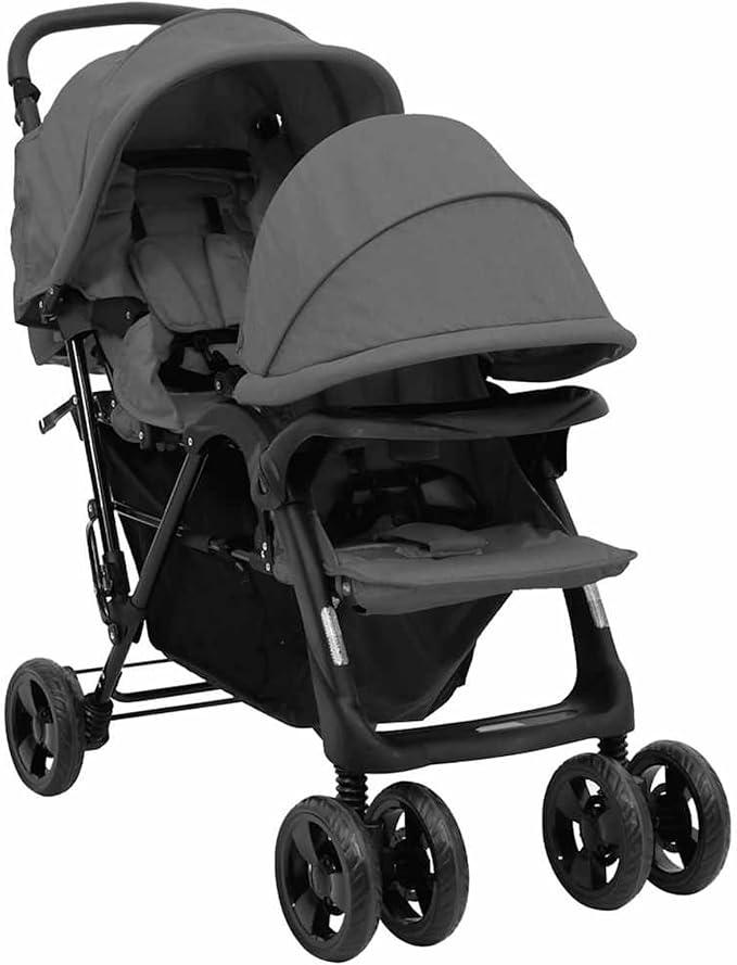 Geschwisterwagen mit verstellbare Dach & Ablagekorb Zusammenklappbar Kinderwagen Dunkelgrau Stahl