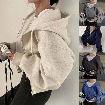 Uplifted Finds Women Fleece Lined Cropped Zip Up Hooded Sweatshirt s light Gray