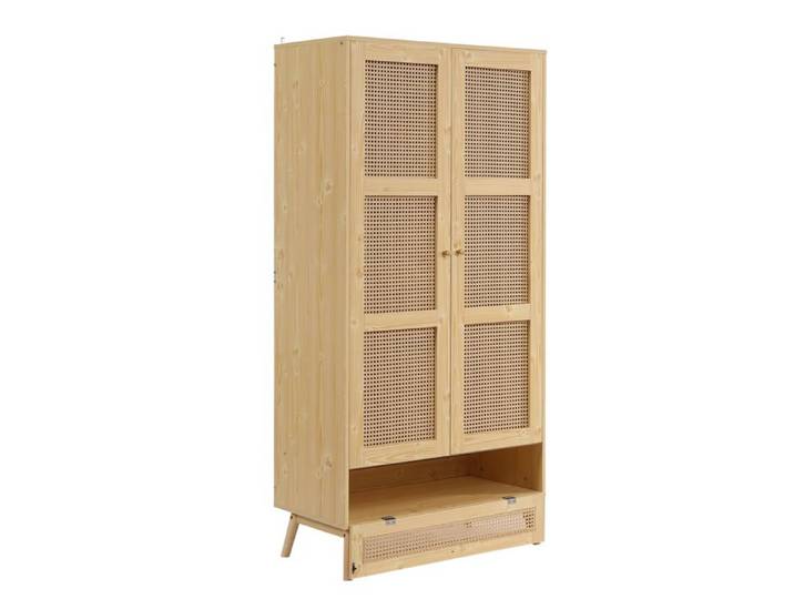 Armoire 2 portes – tringle de penderie cannage en rotin PE rangement à abattant naturel 90x45x183 cm