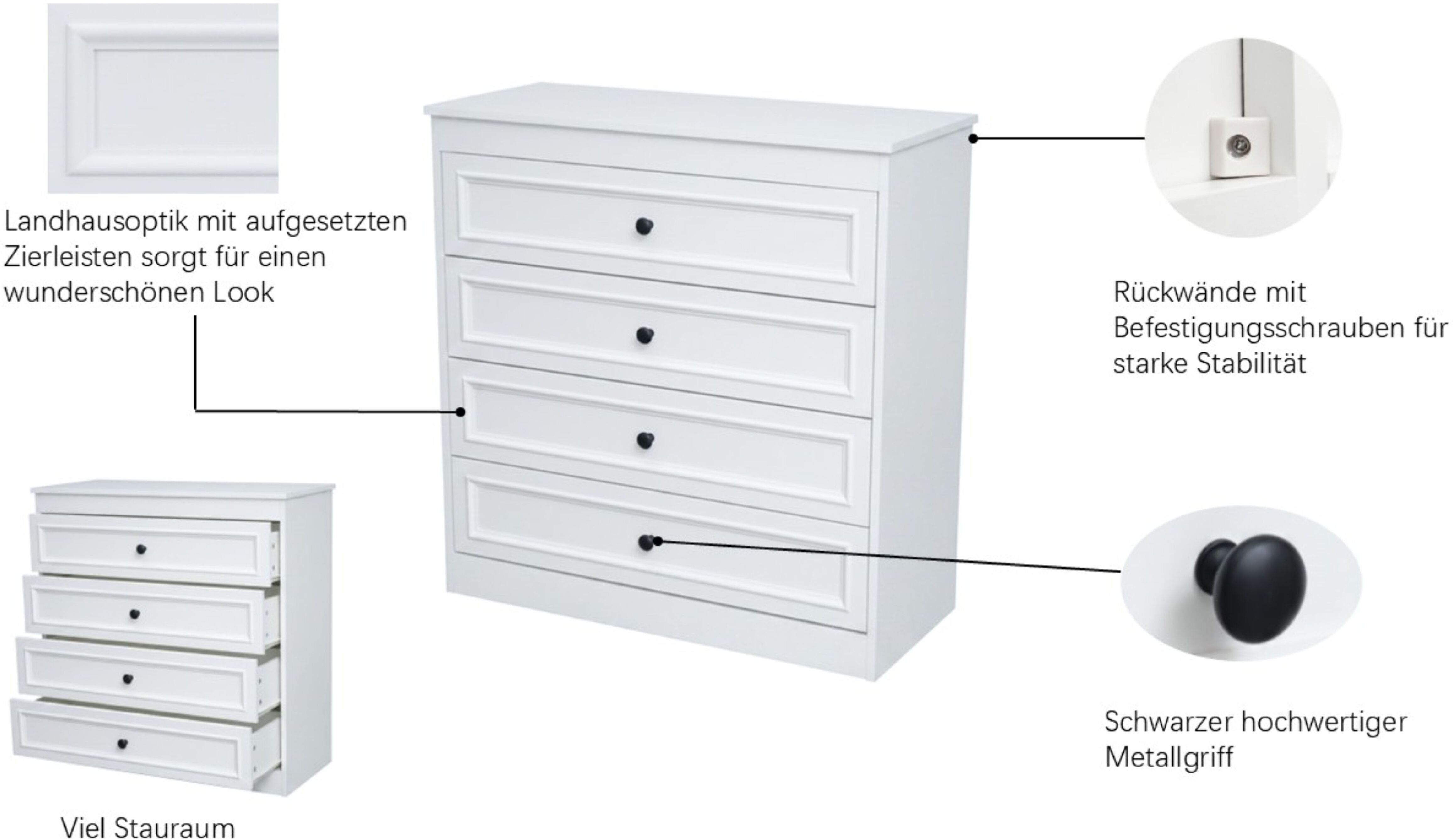 Schubkastenkommode GOODPRODUCT "Arrian Landhaus Kommode Weiss  Schubladenkommode", weiss (weiß), B:90cm H:92cm T:39cm, Holzwerkstoff, Sideboards, Schubkastenkommode, Vielseitig als Schlafzimmer- oder Flurkommode nutzbar weiß B/H/T: 90cm x 92cm x 39cm, 4 S
