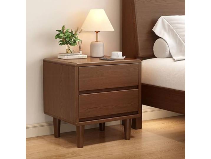 Modern Massivholz Nachttisch Mit 2 Schublade,Small Storage Furniture Mid Century Betttisch Aus Holz Beistelltisch for Schlafzimmer,Langlebiger Und Stabiler(Walnut)