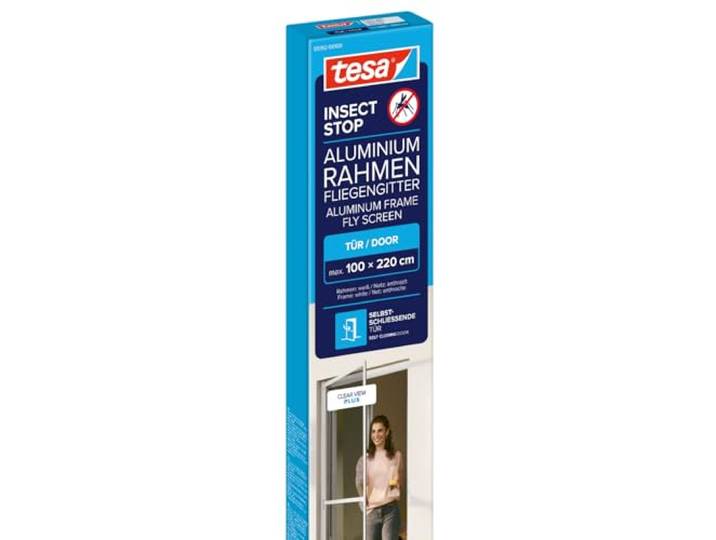 tesa INSECT STOP Moustiquaire Porte\, Cadre en Alu - 100 x 220 cm - Blanc Moustiquaire durable avec toile Clear View\, cadre en aluminium\, fonction de fermeture automatique et montage 30 % plus rapide