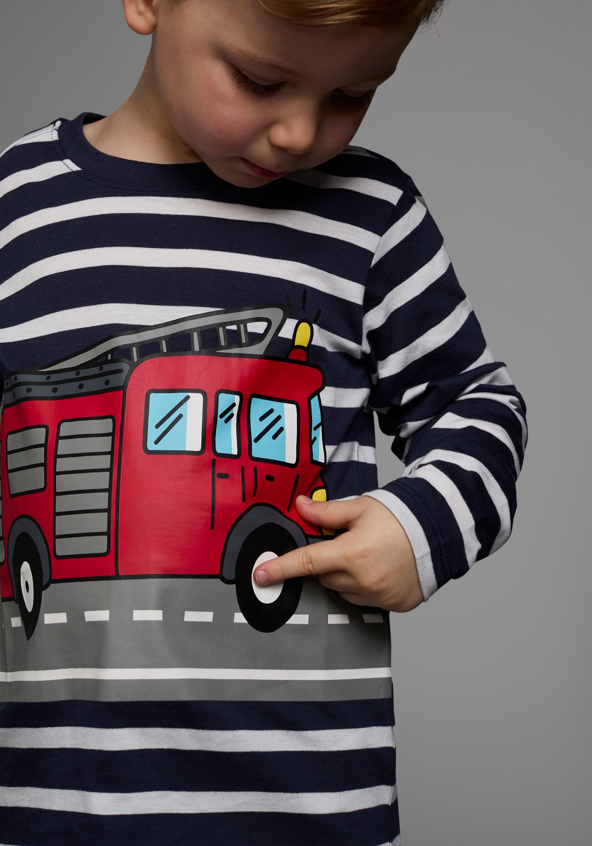 Langarmshirt KIDSWORLD "TATÜ TATA die Feuerwehr ist da", Jungen, Gr. 140/146, blau (marine, weiß, geringelt), Single Jersey, Obermaterial: 50% Baumwolle, 50% Modal, bedruckt, gestreift, Basic, Rundhals, Shirts Langarmshirt, langärmlig, Basic-Passform, ges