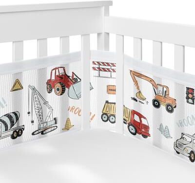 Red Blue Construction Truck Boy Sweet Jojo Designs + BreathableBaby Breathable Mesh Crib Liner Grey Tire Tracks
