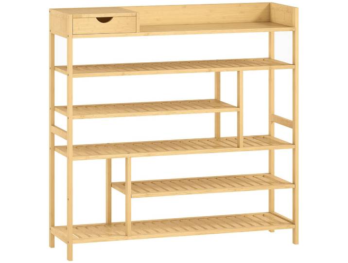 Homcom Schuhregal, Schuhständer mit 6 Ebenen, Schublade für max. 18 Paar, Bambus, Naturfarben, Bambusholz, Echtholz,Bambus, 101x100x30 cm, Garderobe, Schuhaufbewahrung, Schuhregale