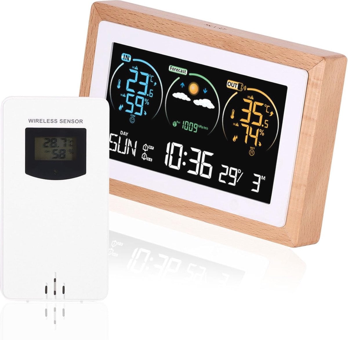 Draadloos Weerstation voor Binnen en Buiten - Binnenthermometer met LED-sensor, Digitale Klok en Alarm, Houtkleur