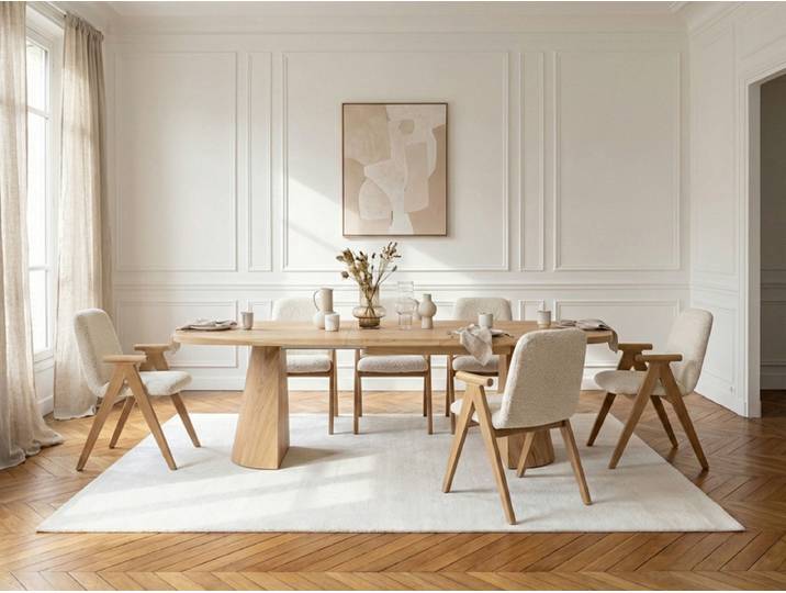 Ensemble MAZARGUES avec table à manger extensible 200 à 300 cm + 6 chaises PAGNOL placage chêne massif