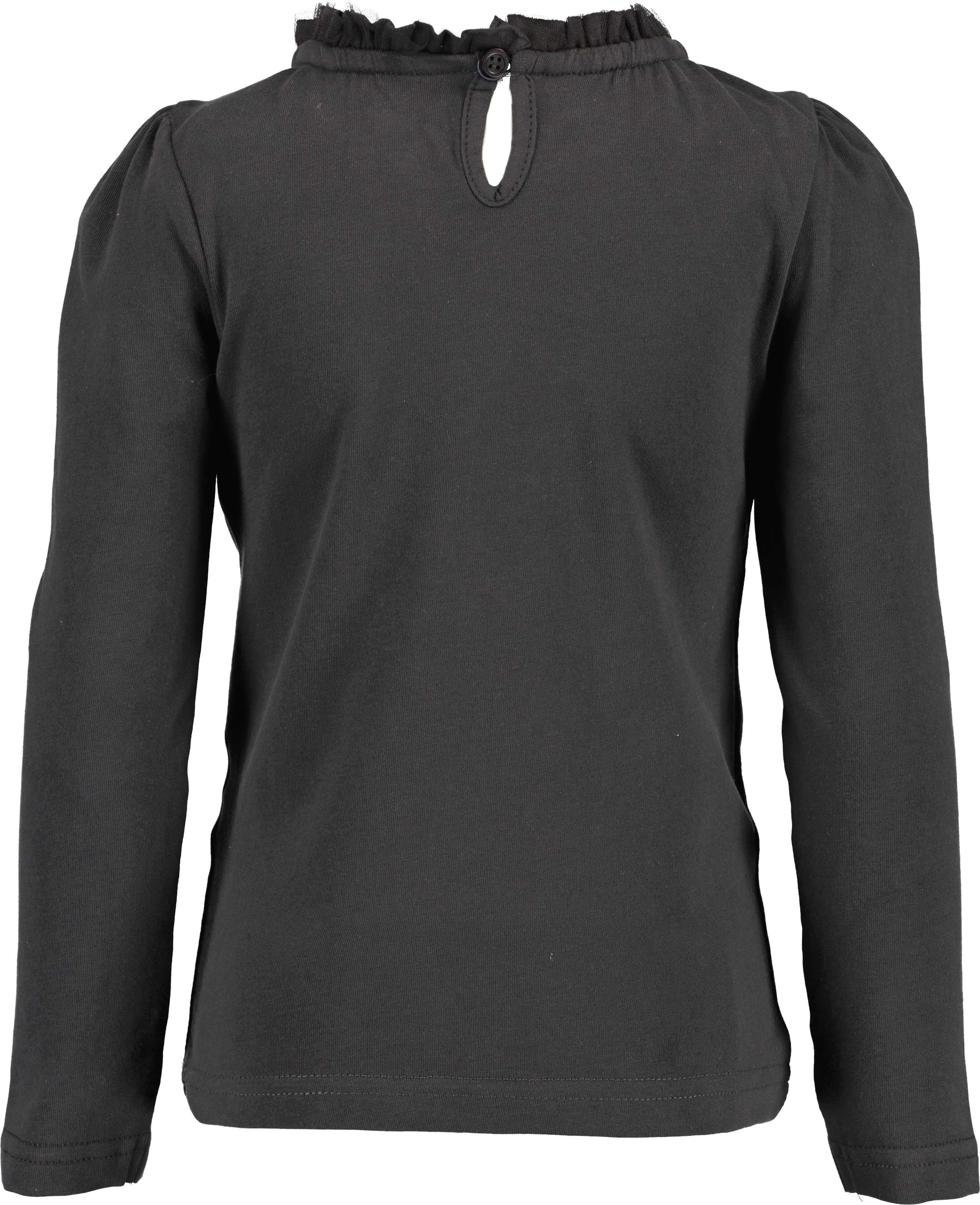 Langarmshirt BLUE SEVEN, Mädchen, Gr. 110, grau (anthrazit), Single Jersey, Obermaterial: 95% Baumwolle, 5% Elasthan, bedruckt, unifarben, regular fit normal, Rundhals, Puffärmel abgesteppte Kante, Shirts Langarmshirt, mit schmalem Tüll-Stehkragen und dez