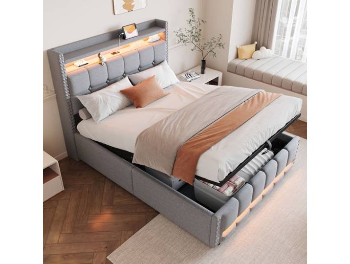 Plaque épaissieLit rembourré 140*200cm avec éclairage LED et prise USB Tête de lit avec étagères et espace de rangement Avec hyd