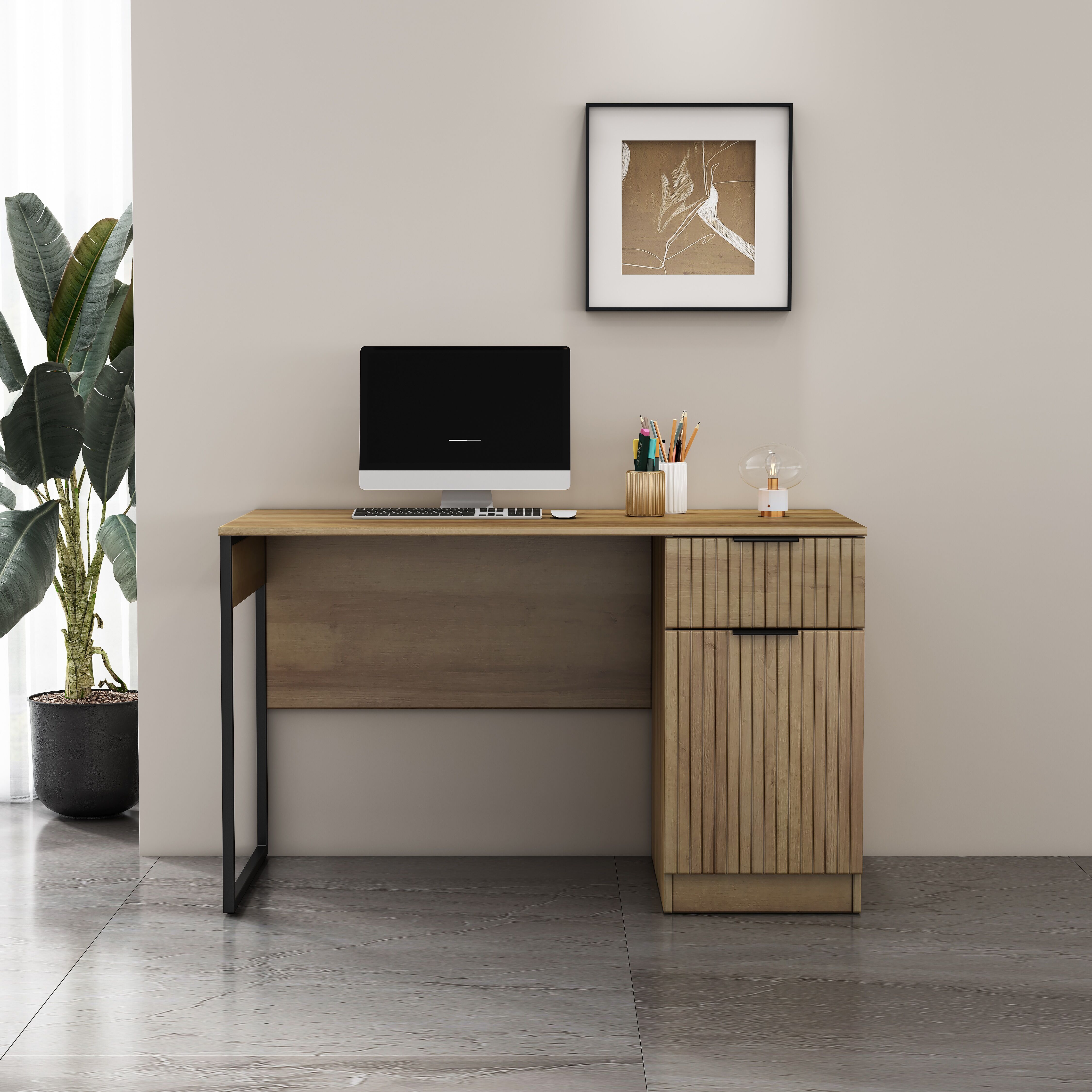 Schreibtisch GOODPRODUCT "Aspea", schwarz (natur, schwarz, schwarz, natur), B:120cm H:73cm T:60cm, Tische, Schreibtisch, mit Schublade, ausreichend Stauraum, moderne Rillenoptik, B. 120 cm natur, schwarz, schwarz, natur B/H/T: 120cm x 73cm x 60cm