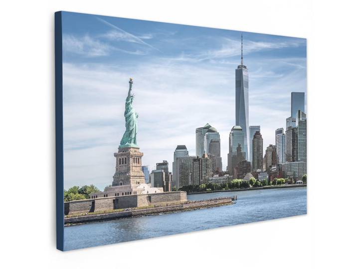 MuchoWow Leinwandbild New York - Freiheitsstatue - Wasser Groß 140x90 cm, Hellblau, Kiefer, Rechteckig, 140x90 cm, gerahmt, Bilder & Rahmen, Bilder, Leinwandbilder