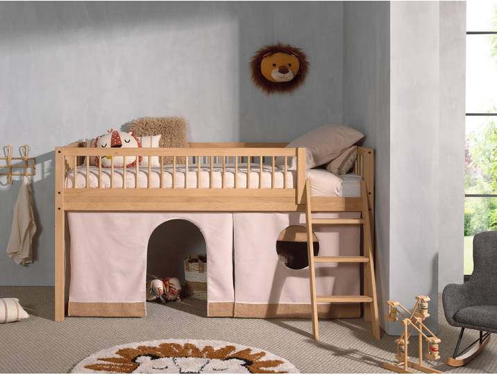 Vipack Spielbett (Made in Europe), aus Eiche geölt, LF 90x2000cm, RR, Leiter, Vorhang u. Absturzschutz