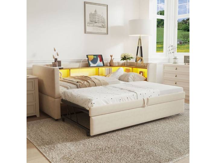 Canapé-lit convertible - KOMHTOM - Convertible - 180 x 190 cm - LED & prises - Rangements multiples