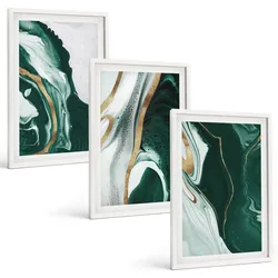 BILDER SET 3er Set - 40x60 cm Weißer Rahmen - Abstrakte grüne Farbmuster